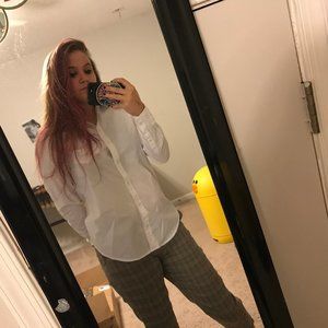 White Button Down Pocket Collar Top